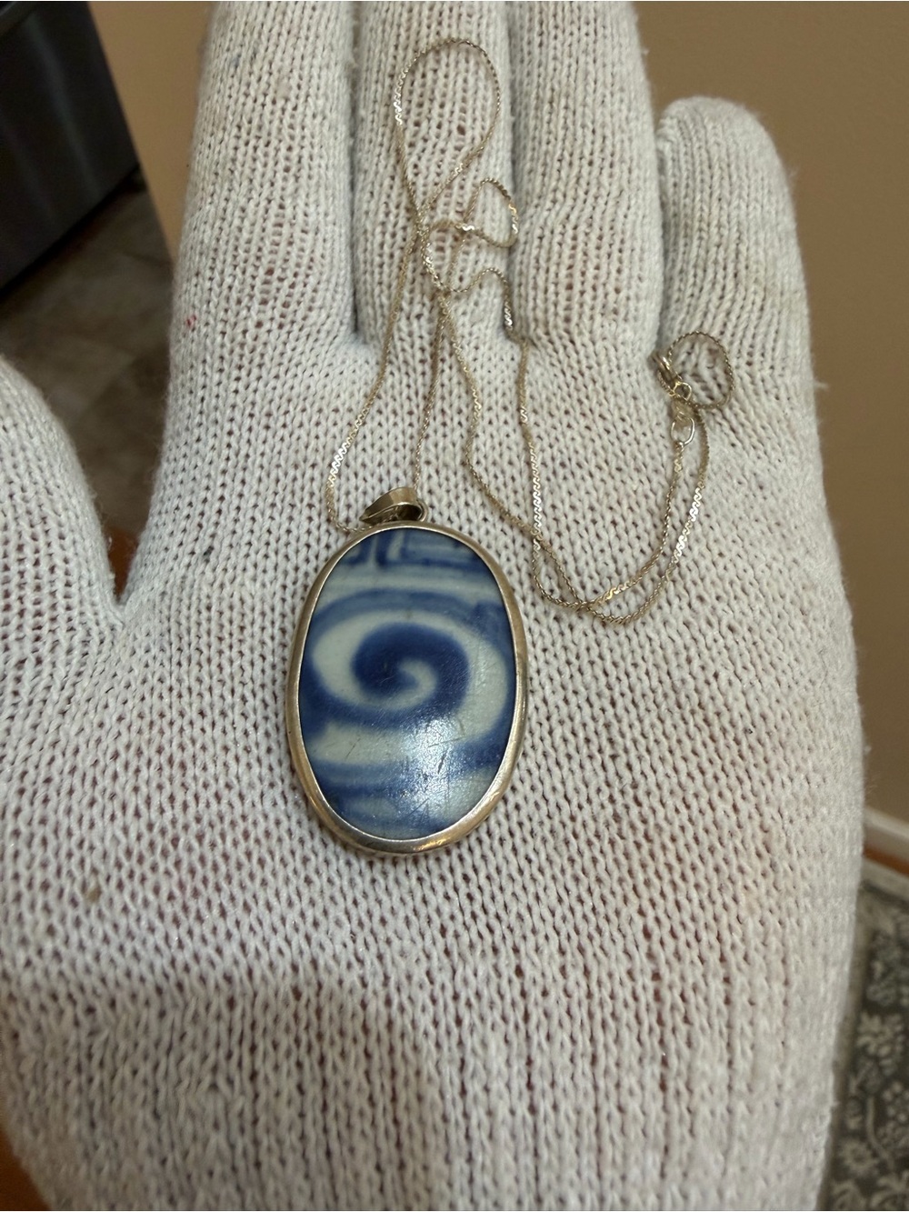 Antique Chinese Blue White Porcelain Shard Pendant Necklace 17.5" 925 Silver